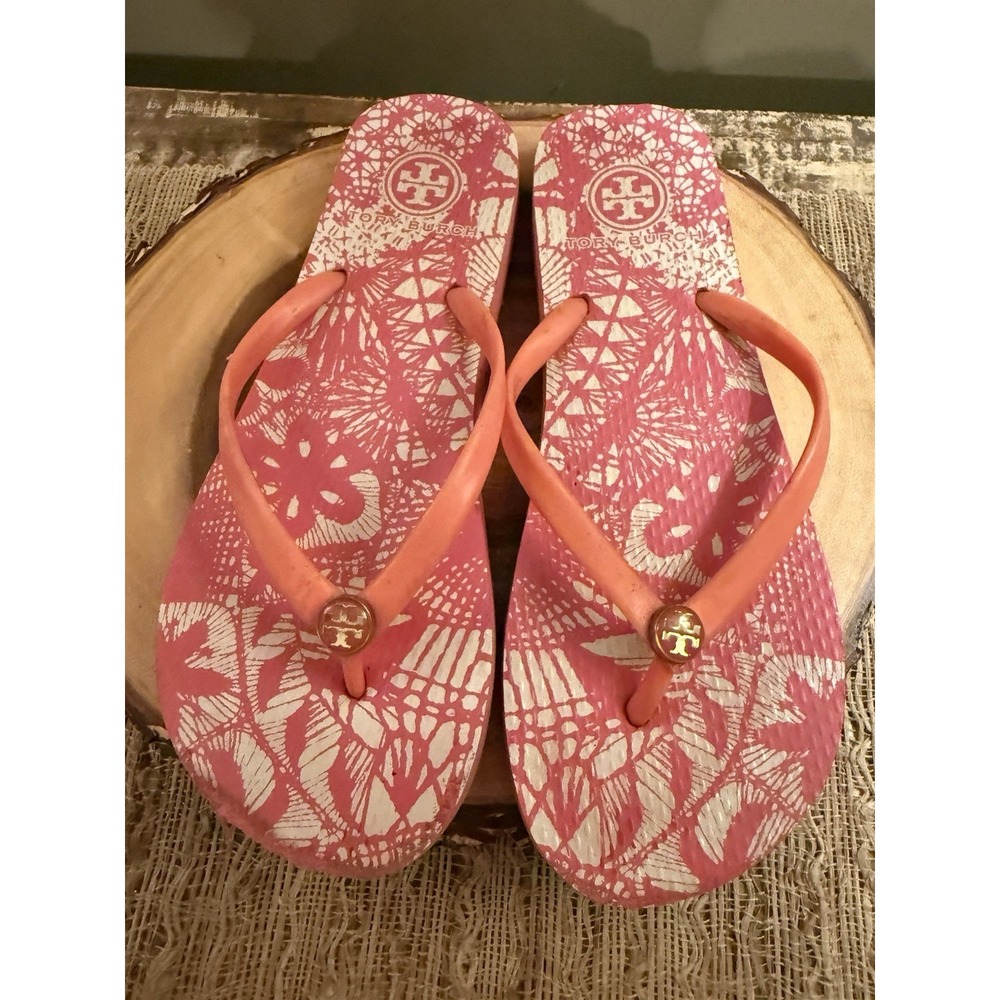 Tory Burch Pink Poppy Orange Flip Flop Sandals Floral Sole Beach Vacation Sz-7